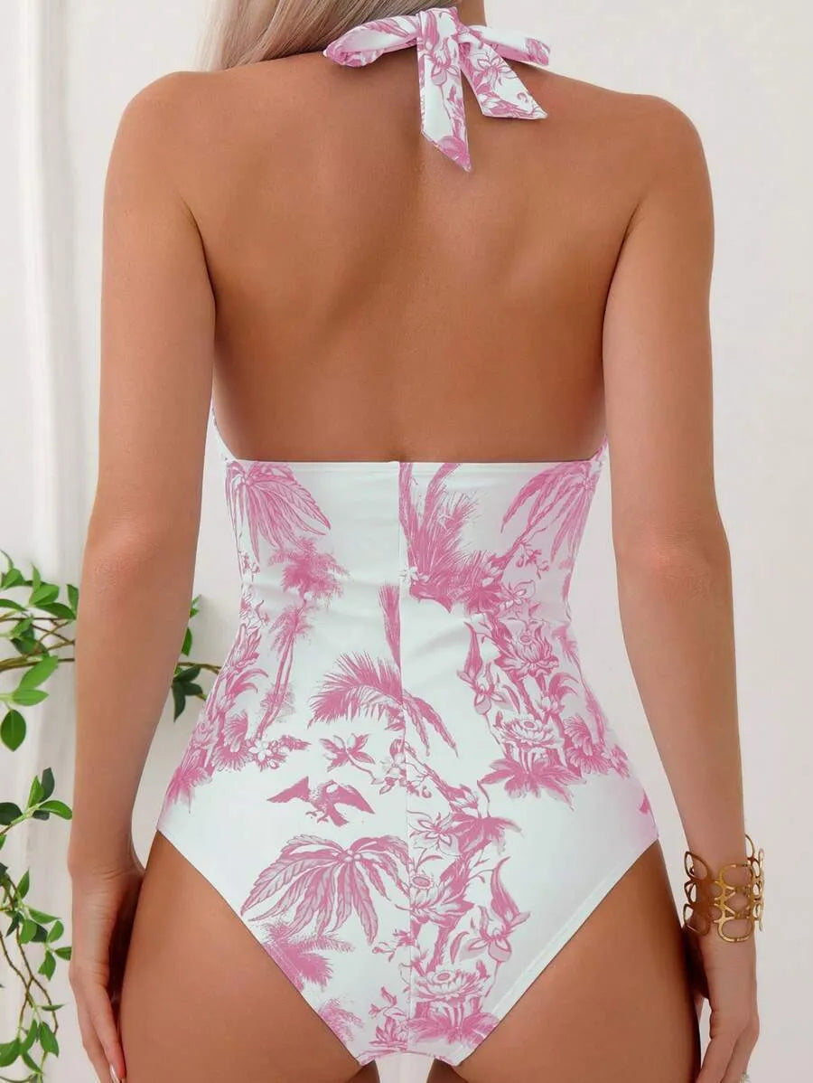 Women's printed V-neck one-piece swimsuit in multiple colour options with sizes S to XXL