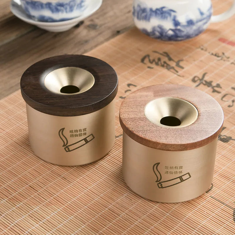 Retro brass ashtray with wooden lid in blackwood or rosewood option
