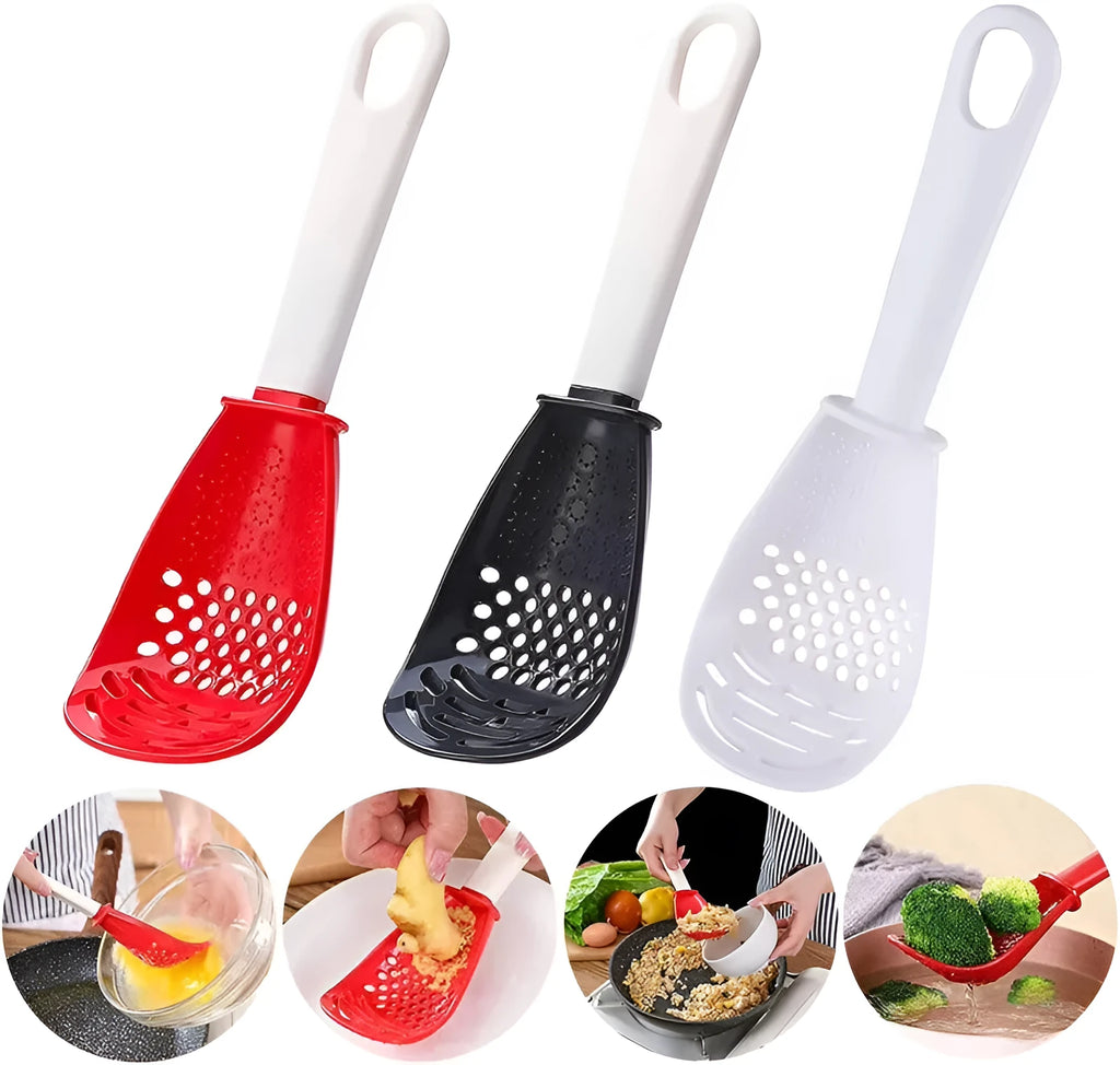 Red and black multifunctional plastic cooking spoon with serrated grinding edge and half-enclosed rice scoop head.
