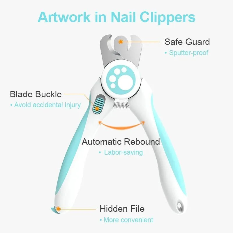 Blue and white pet nail clippers with 3.5mm stainless steel blade, 56 x 160mm, safety stop, for dogs and cats
