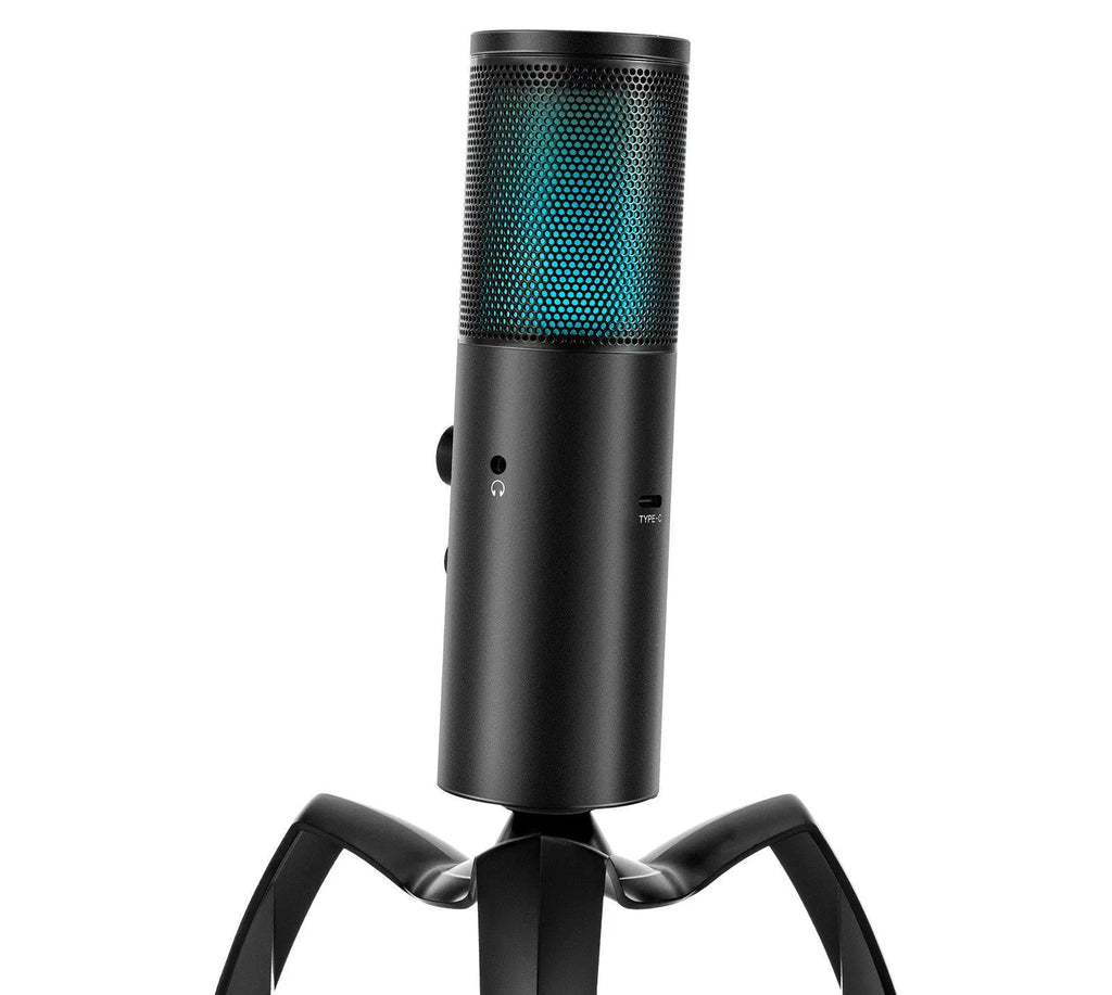 Black Q18 directional condenser microphone with RGB lighting on adjustable tripod