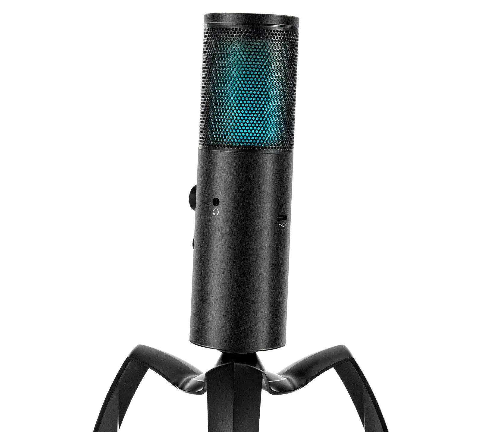 Black Q18 directional condenser microphone with RGB lighting on adjustable tripod