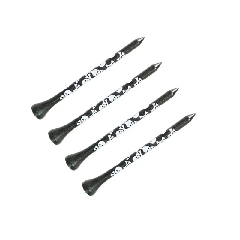 Black bamboo golf dowel pins with skull print in 70mm and 83mm sizes, 10-piece pack