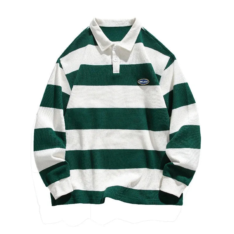 Men's loose pearl cotton polo shirt with striped collar in blue, green, or coffee colours