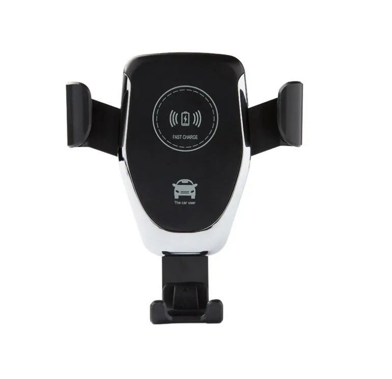 Black car wireless charger for iPhone mounted on a car vent with phone secured in automatic gravity clamp.