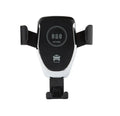 Black car wireless charger for iPhone mounted on a car vent with phone secured in automatic gravity clamp.