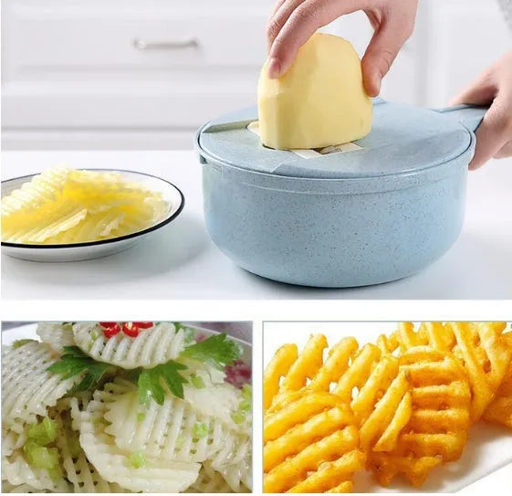 8-in-1 mandoline slicer with stainless steel blades, strainer, container, and hand protector in blue or pink.