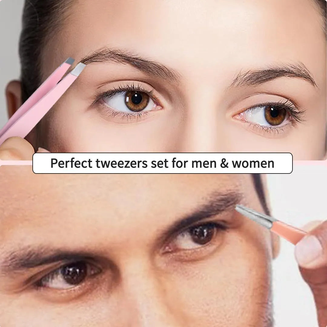 Six-piece professional eyebrow tweezers set with stainless steel tools and leather case