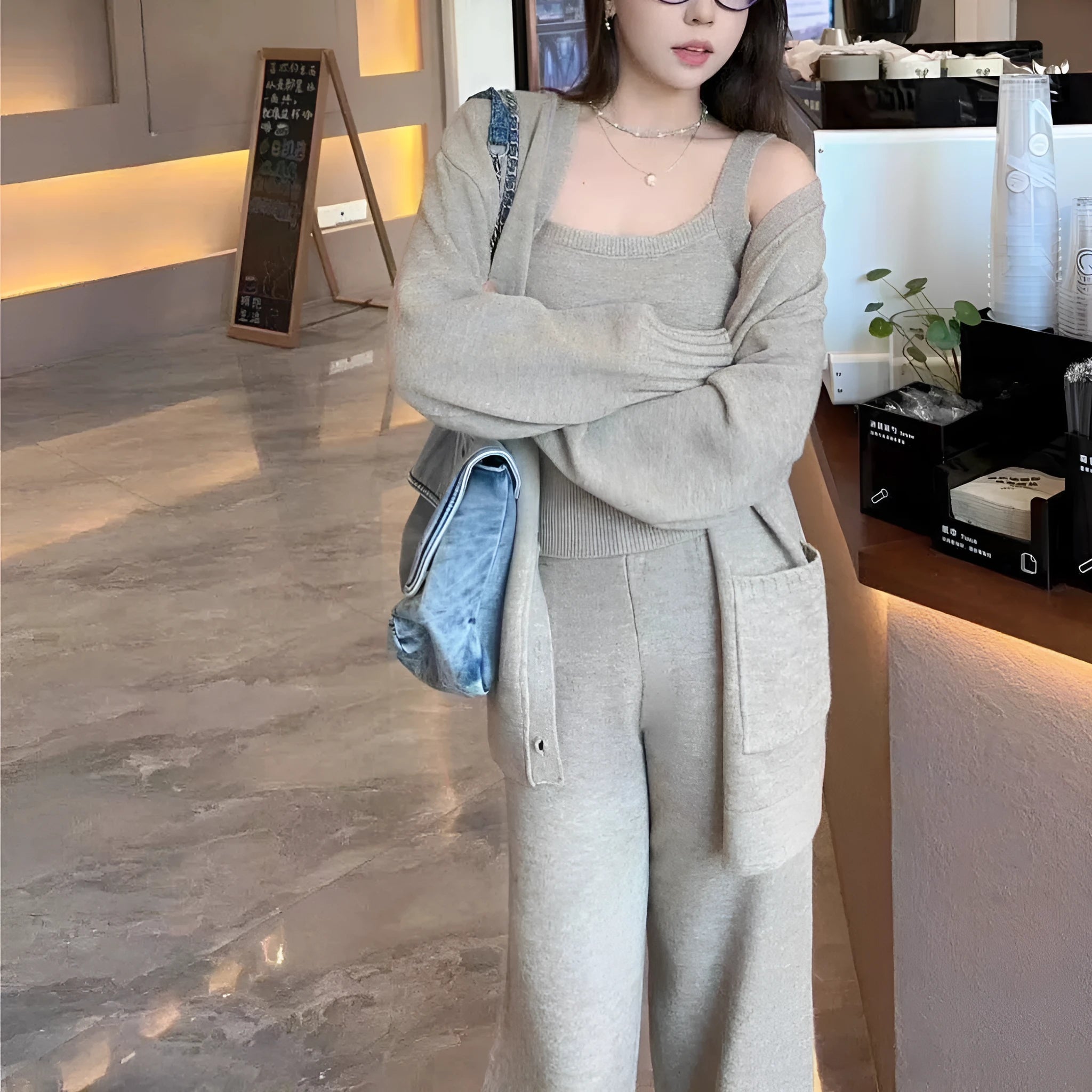 Women's knit cardigan three-piece set with suspender trousers in wool blend fabric