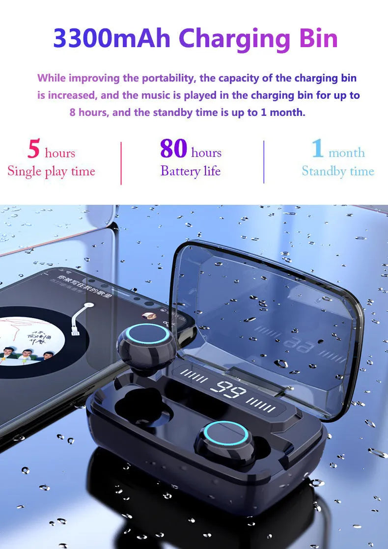 Black M11 Bluetooth 5.0 wireless earbuds with digital display charging case and phone holder