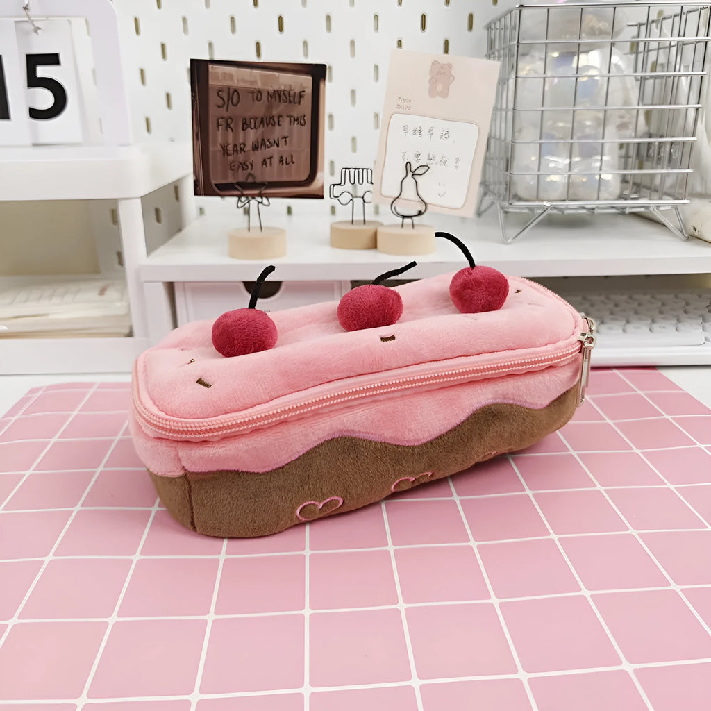 Soft cherry cake patterned velvet pencil bag with a zipper.