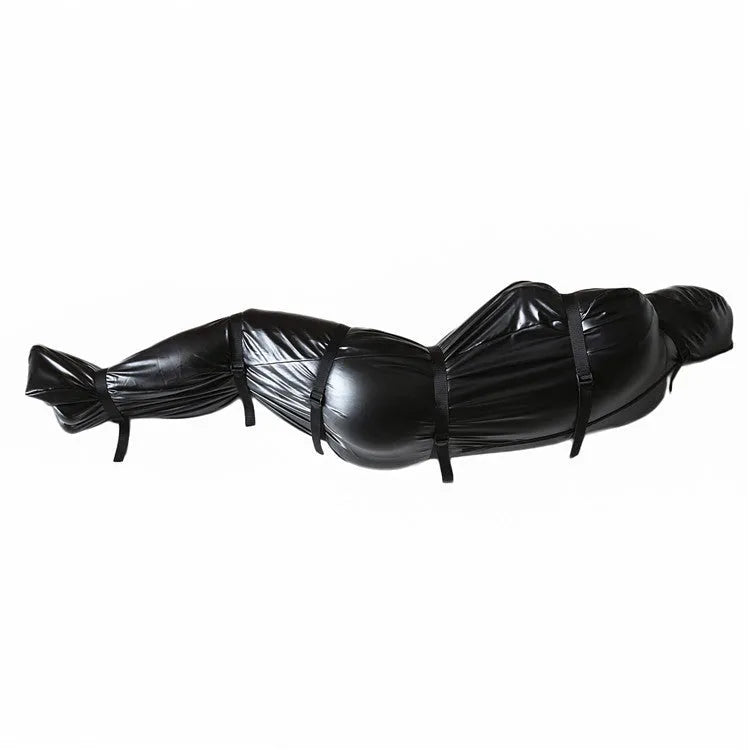 Black patent leather bondage set with full body wrap and six ratcheting tie down straps