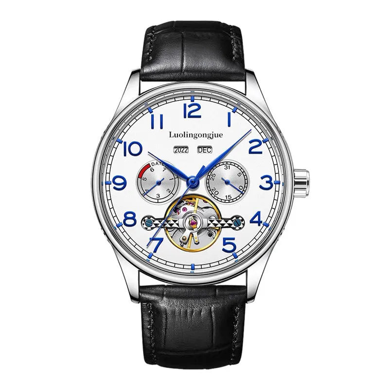 Men's business mechanical watch with stainless steel case, sapphire crystal glass, and genuine leather strap