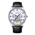 Men's business mechanical watch with stainless steel case, sapphire crystal glass, and genuine leather strap