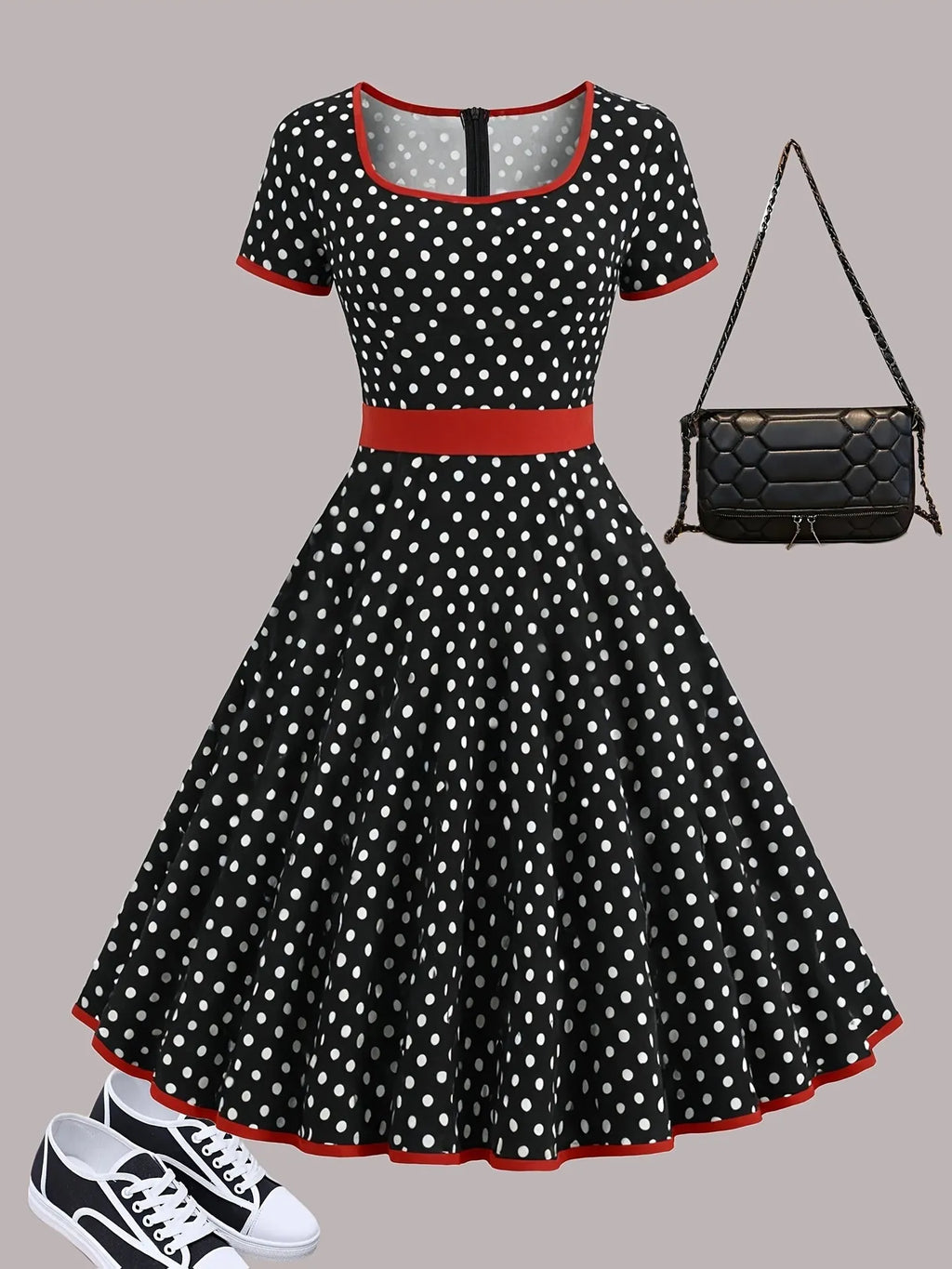 Polka dot square collar pleated dress with short sleeves in multicolour polyester fabric