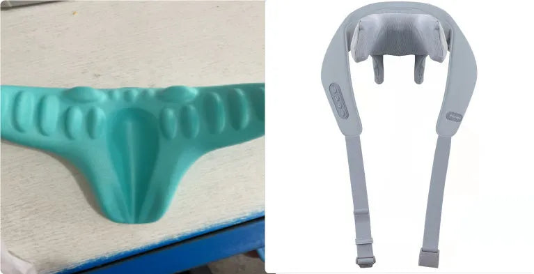 Grey USB-powered neck and back massager with elastic fabric and two-speed controls