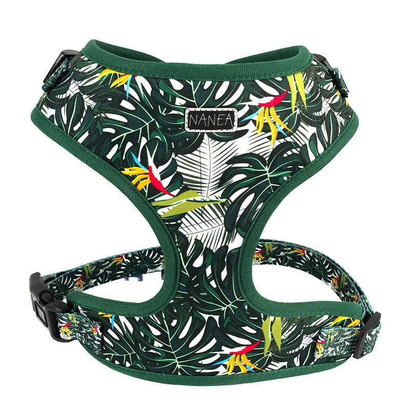Adjustable cloth dog harness set with six pieces including vest, collar, rope, waste bag, bow tie, and scarf