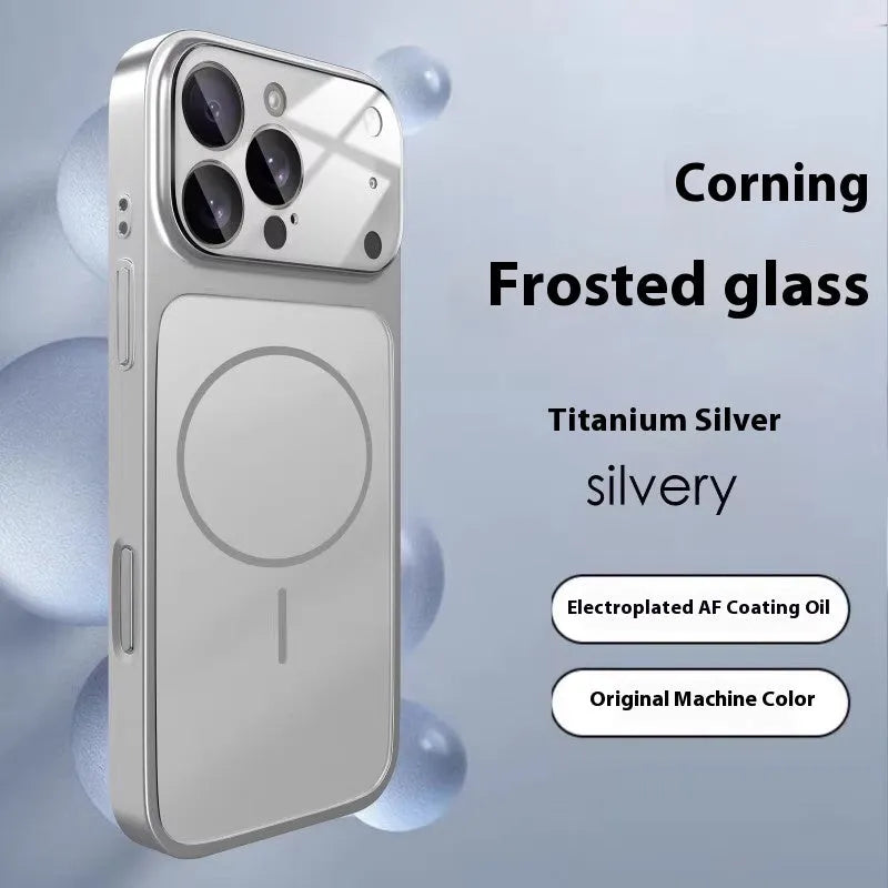 Tempered glass magnetic phone case for iPhone in frosted black, orange, and titanium finishes.