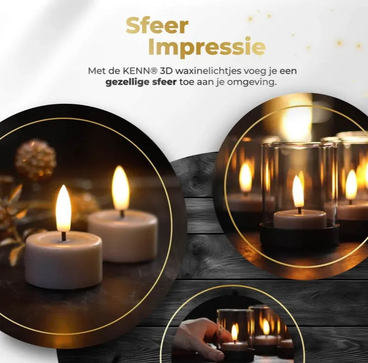 Four taupe coloured S10 LED tealight candles showing 3D flame flickering effect
