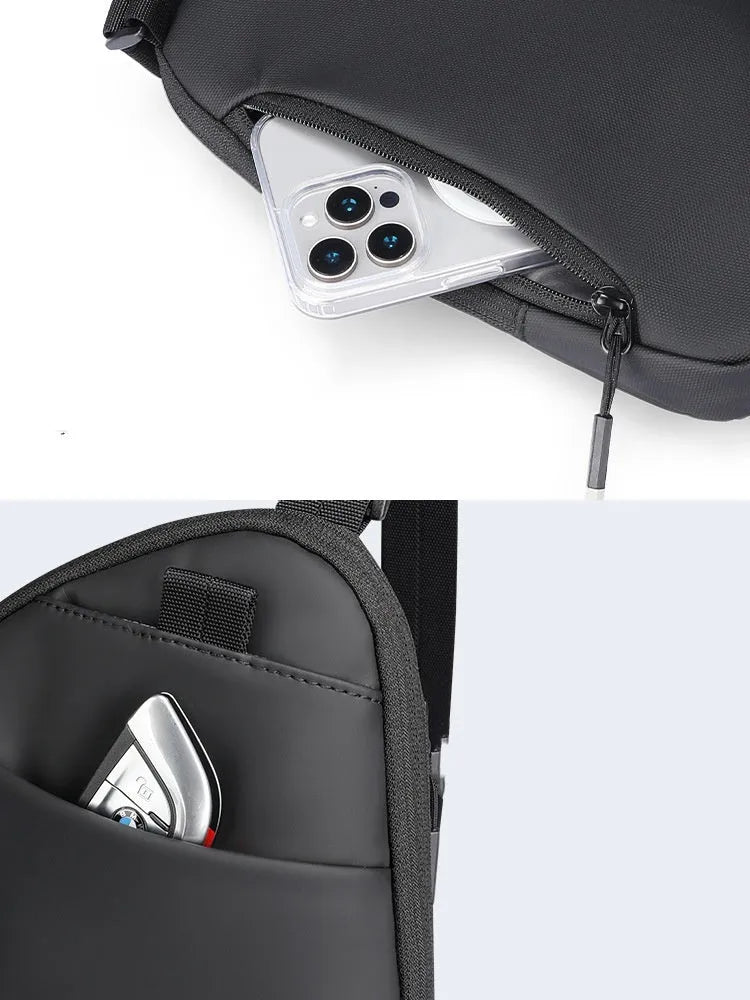Men's lightweight black Oxford cloth crossbody bag with simple design and visible stitching.