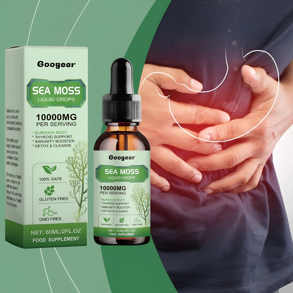 Googeer Sea Moss Liquid Drops 60ml body treatment bottle measuring 3.3x3.3x12cm