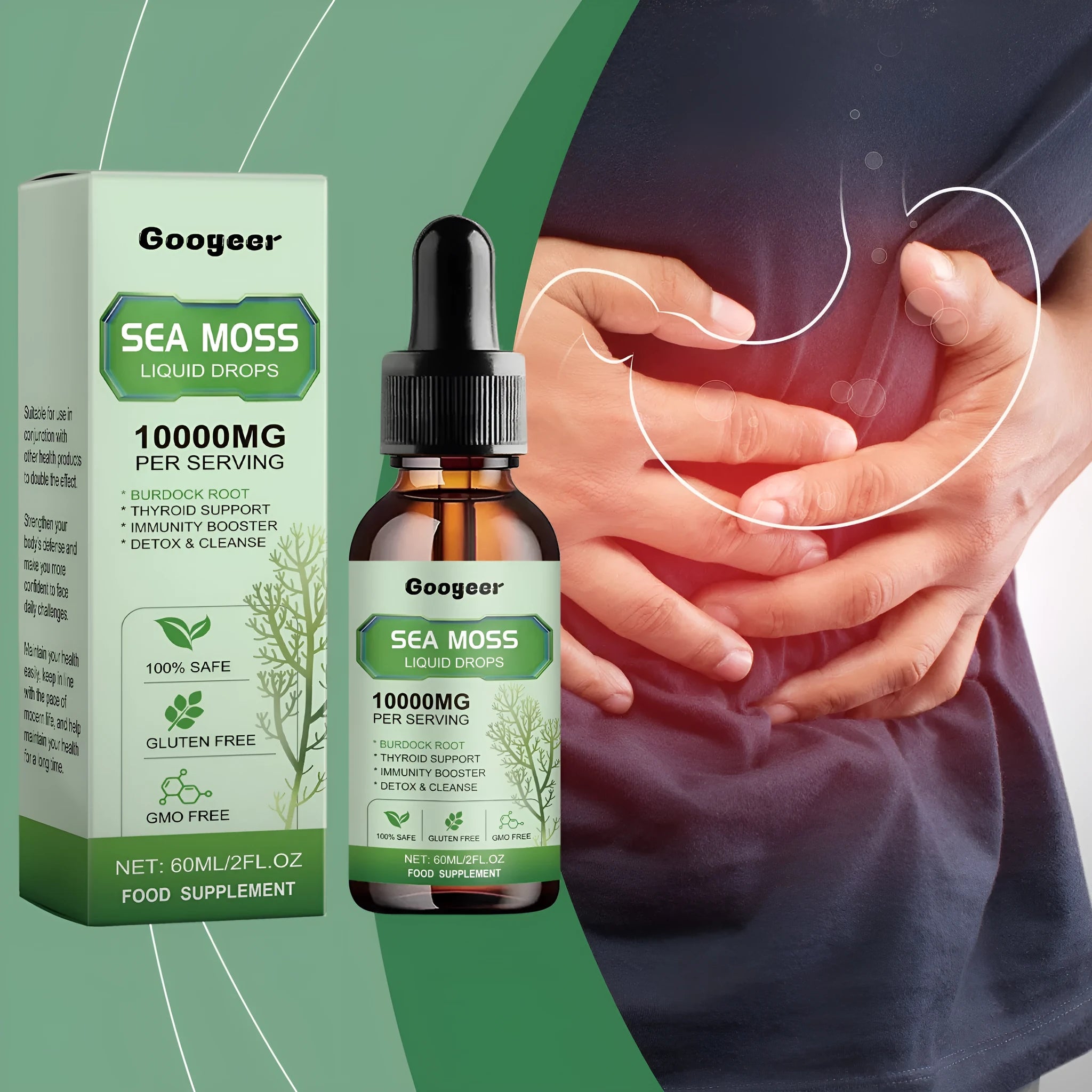 Googeer Sea Moss Liquid Drops 60ml body treatment bottle measuring 3.3x3.3x12cm