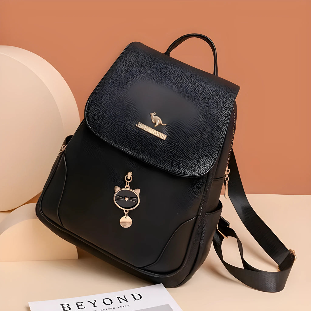 Women's casual leather backpack in street style with three-dimensional pockets and adjustable straps