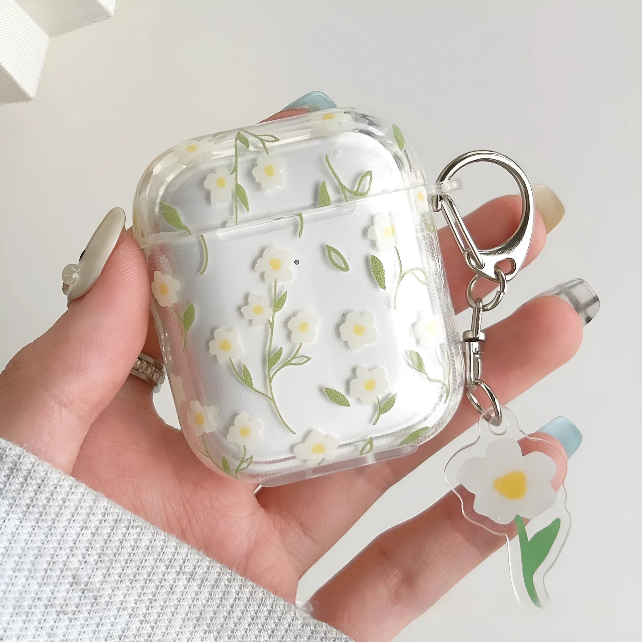 White floral pattern AirPods protective cover with high-transparency TPU material