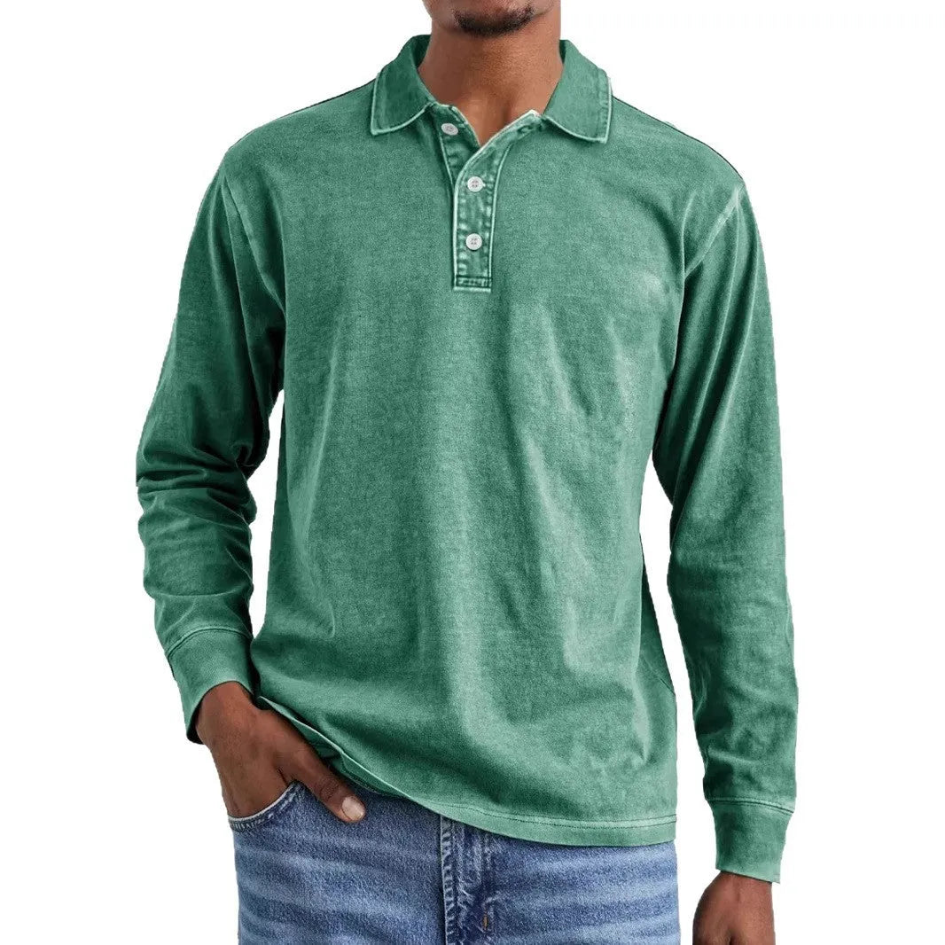 Retro washed distressed long sleeve polo shirt with lapel collar in Army Green