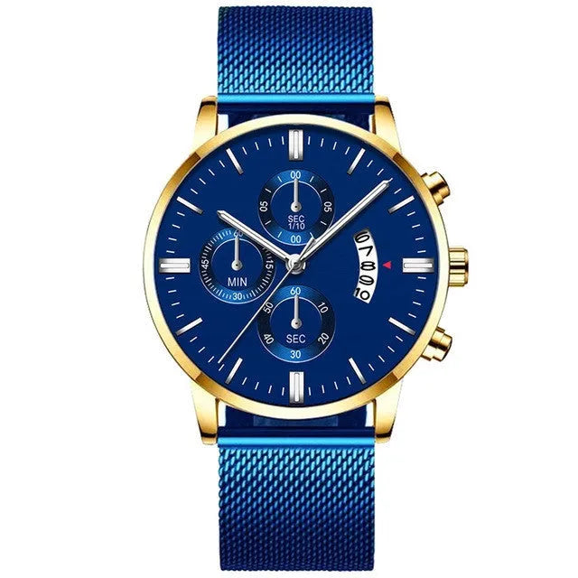 Men's stainless steel mesh band business watch with analogue dial and two-tone colour options.