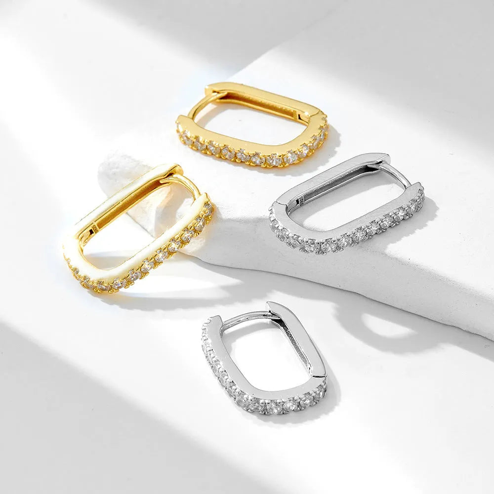 S925 sterling silver geometric ear clip earrings with oval zircon stones in yellow and white colour options