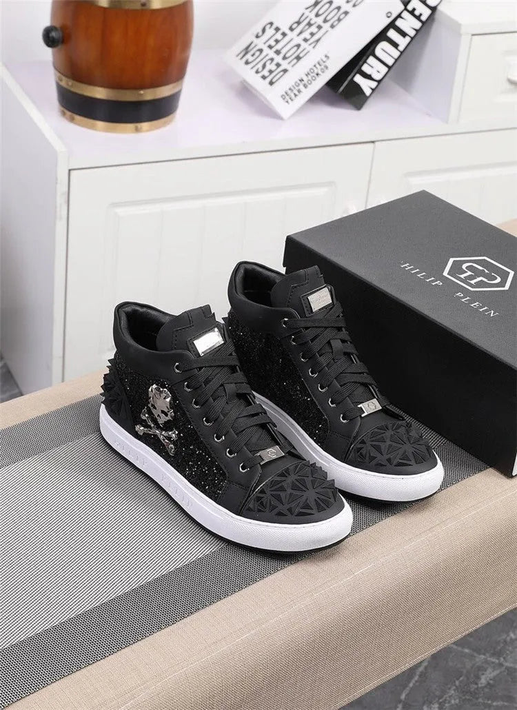 Men's black and red genuine leather skeleton shoes with high-top design and lace closure
