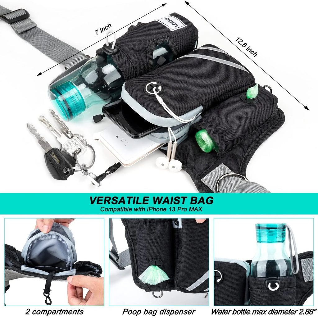 Black nylon outdoor pet training waist bag with integrated dog walking leash