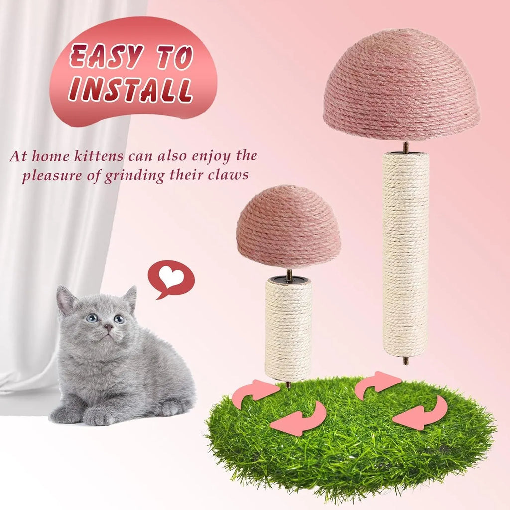 Pink mushroom-shaped cat scratching post with sisal-covered caps and pole for kittens.