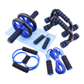 Set of seven abdominal wheel push-up brackets in red, green, black, and blue colours for indoor fitness training.