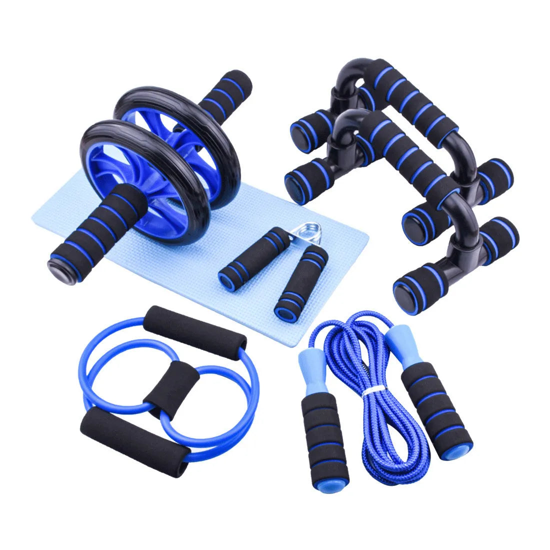 Set of seven abdominal wheel push-up brackets in red, green, black, and blue colours for indoor fitness training.