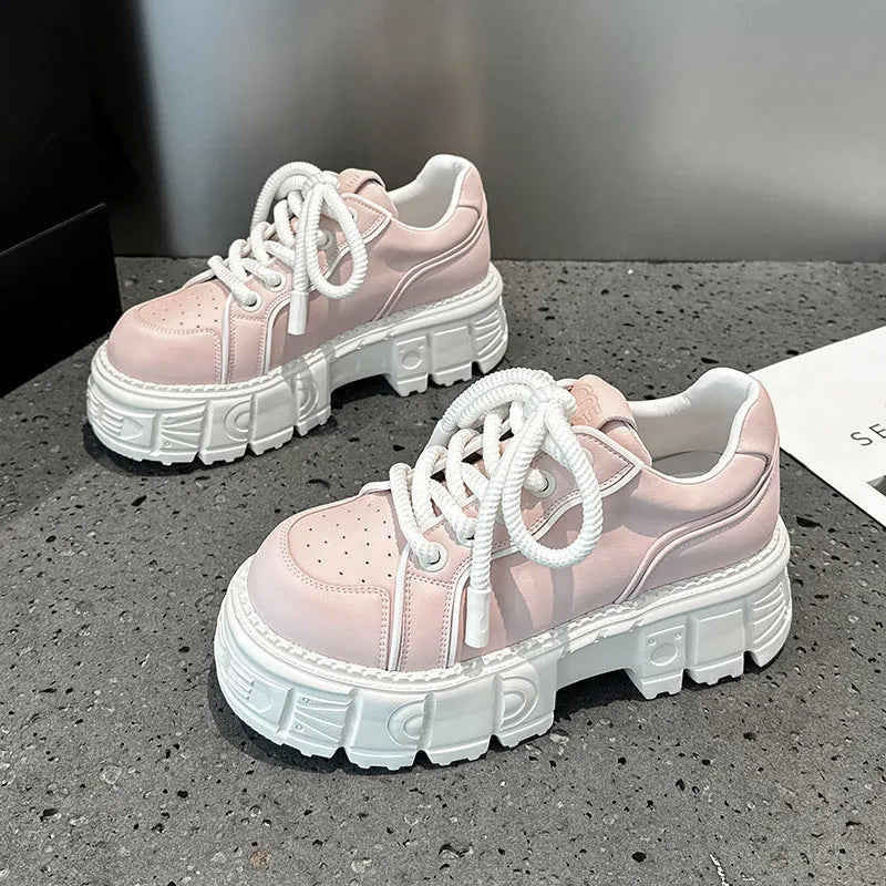 Women's beige and pink leather casual loafers with a muffin bottom and rubber foam sole