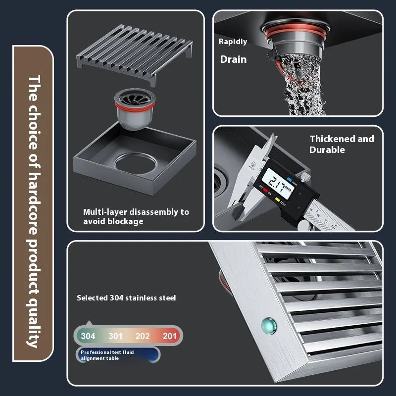 Gun grey 304 stainless steel courtyard floor drain measuring 15cm by 15cm.