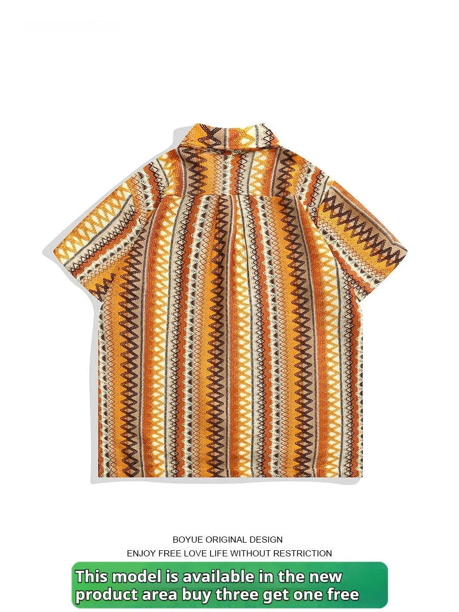 Ethnic woven shirt with Cuban collar and colour matching design in loose fit with drop shoulders