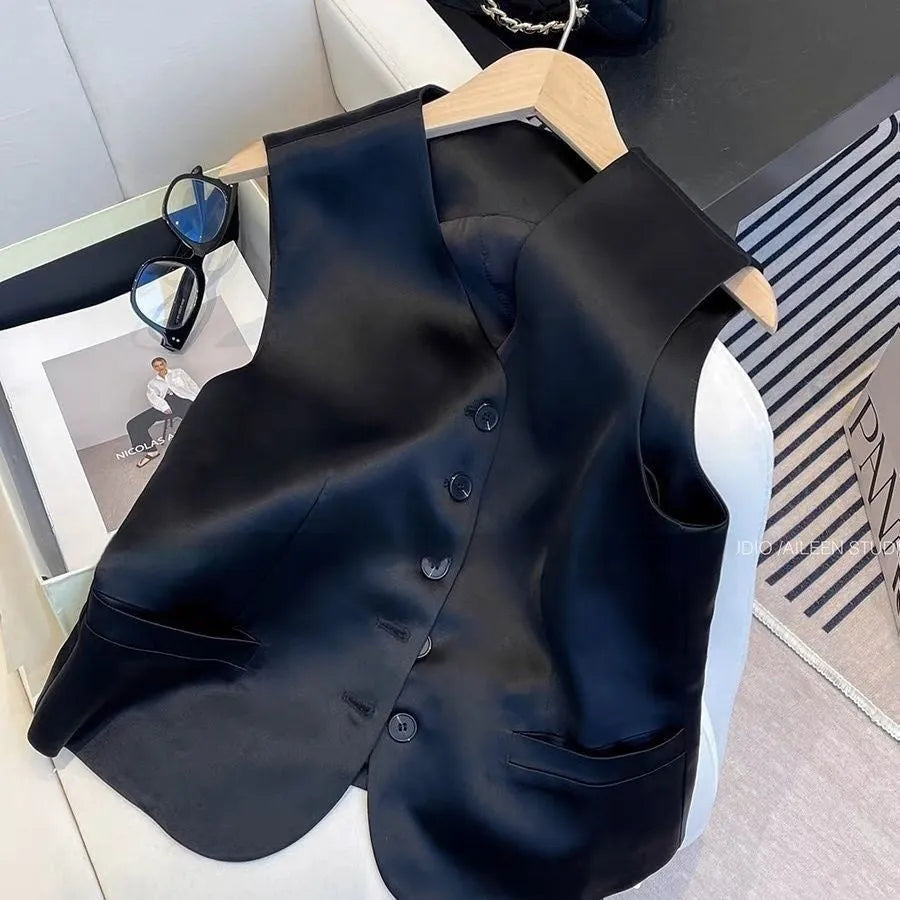 Black satin ladies sleeveless vest with loose fit and splicing detail