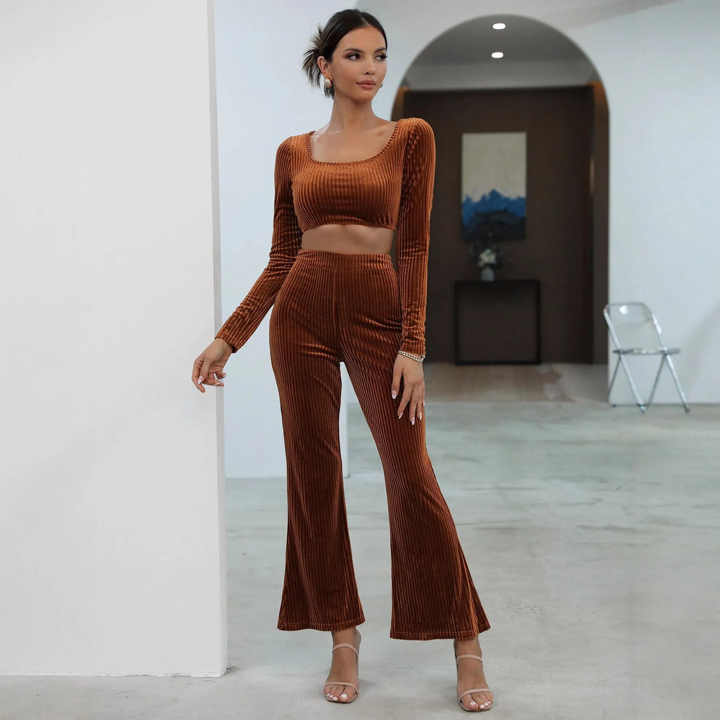 Caramel coloured long sleeve sweater and matching trousers casual set laid flat