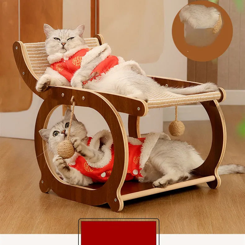 Solid wood cat scratching bed mat with sisal surface in walnut and wood colour options