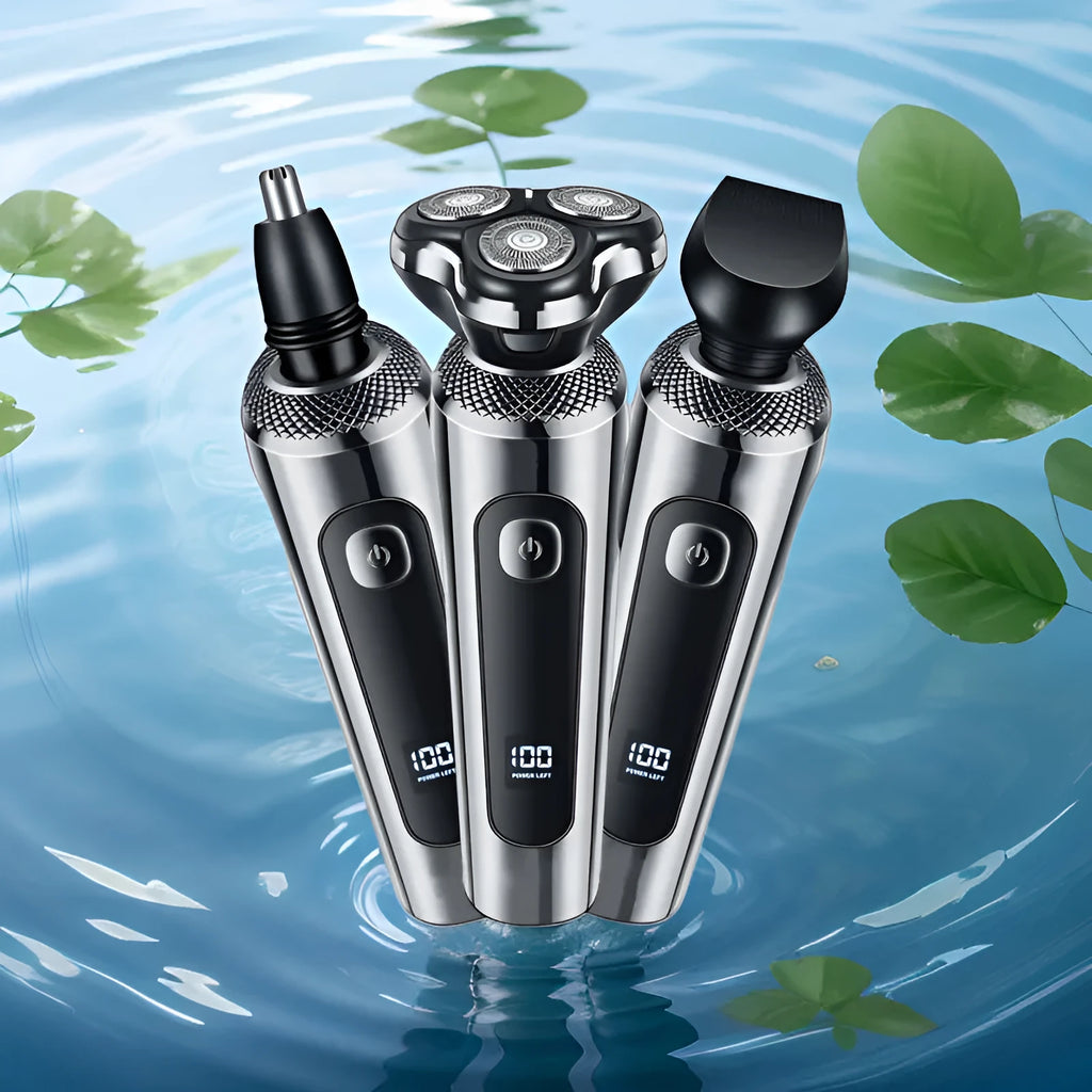 Digital USB rechargeable beard trimmer with LED display in five-in-one colour base