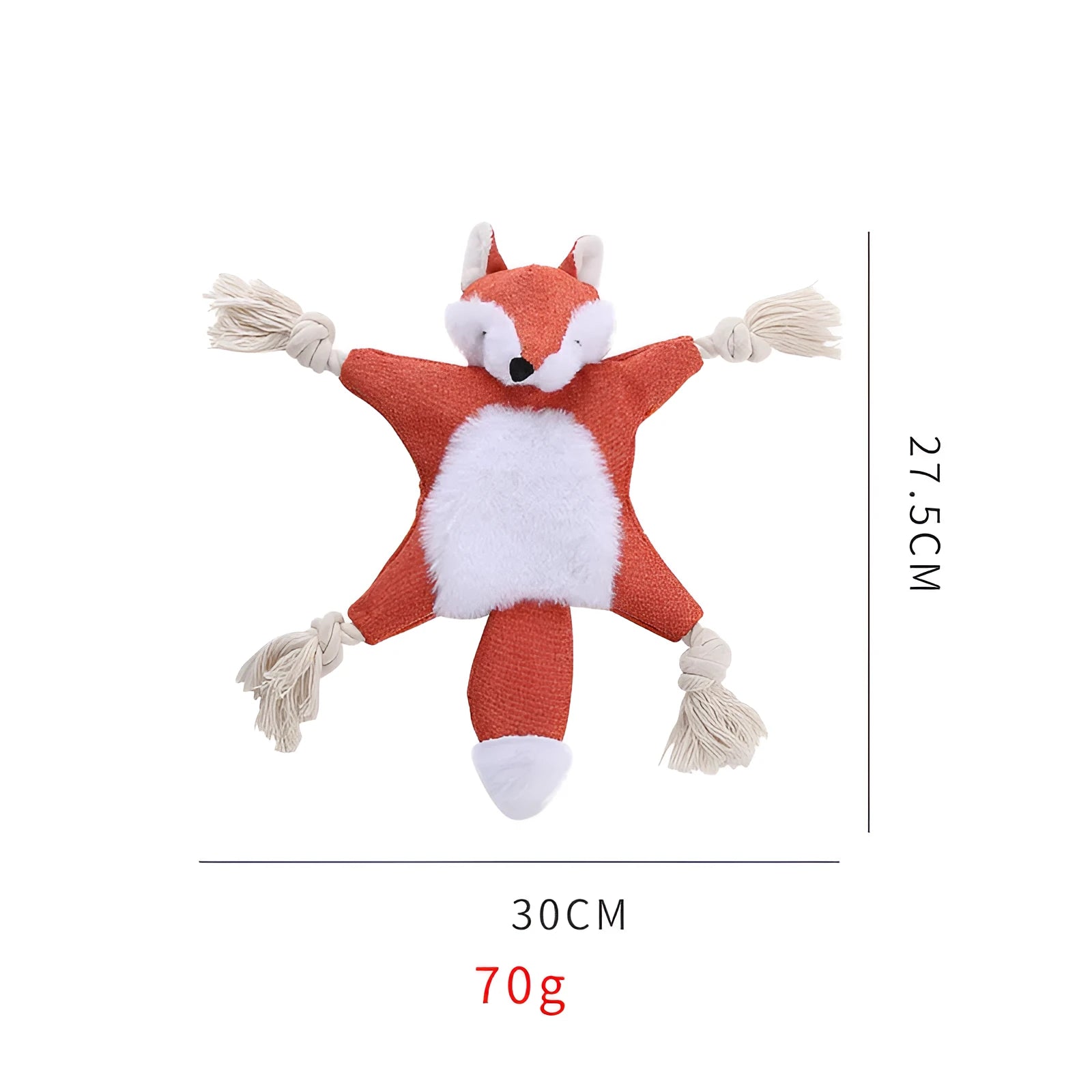 Brown fox dog toy with squeaker, crinkle paper, and cotton rope arms