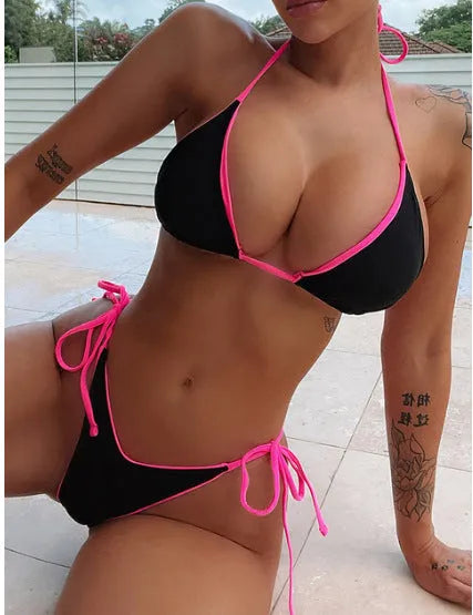 Women's lace-up front triangle bikini set with adjustable tie closure