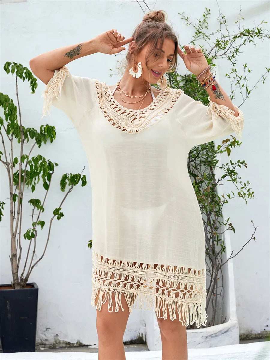 Women's apricot hand-crocheted acrylic beach dress for swimming and wading