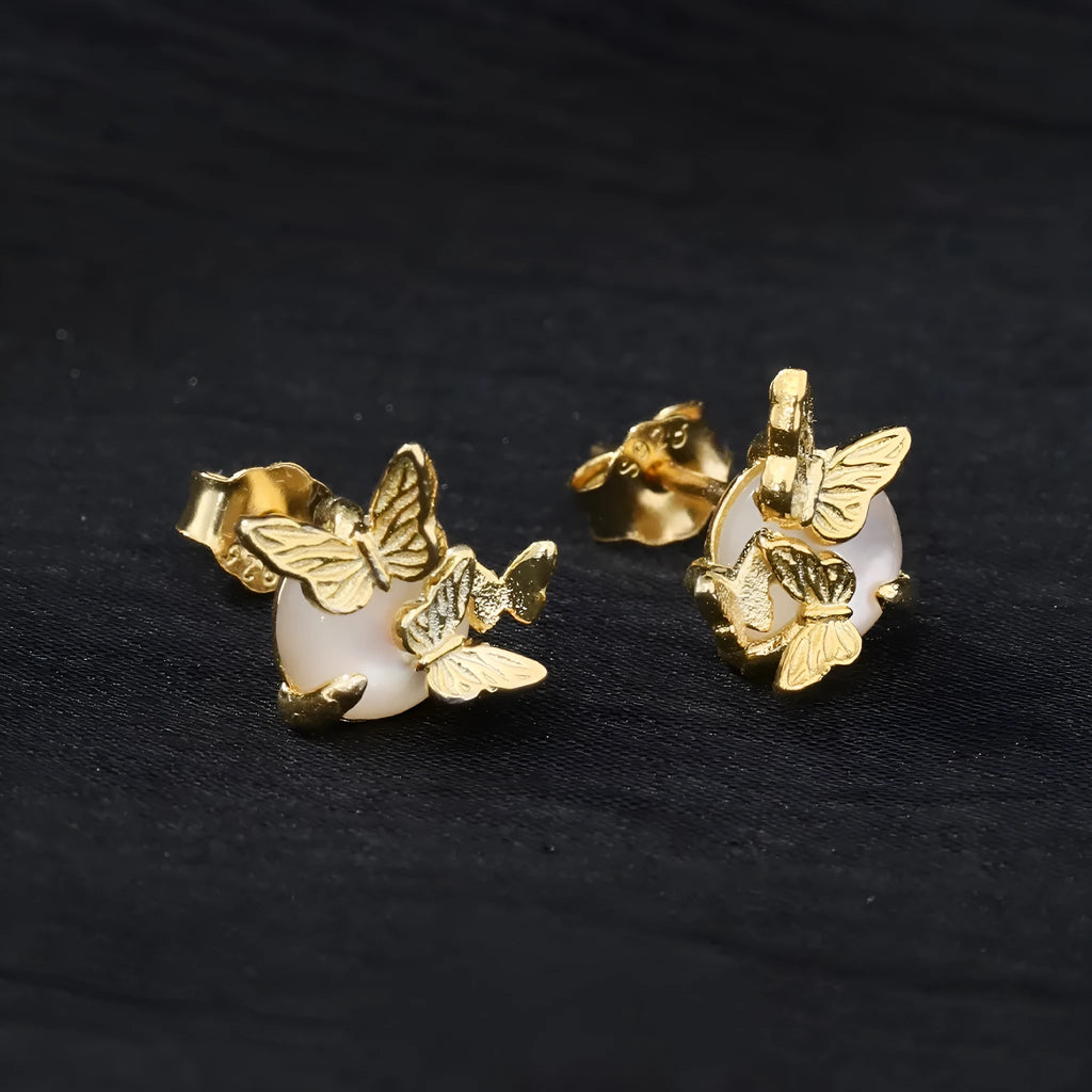 Butterfly ear studs in 925 silver with electroplated gold or white gold colour finishes