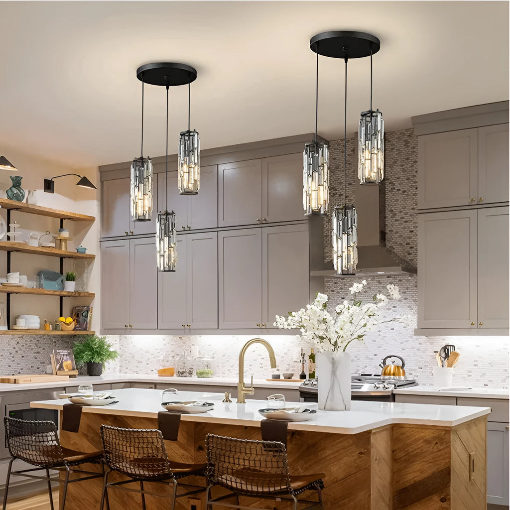 Single head industrial style crystal LED droplight in black, chrome, or gold finish