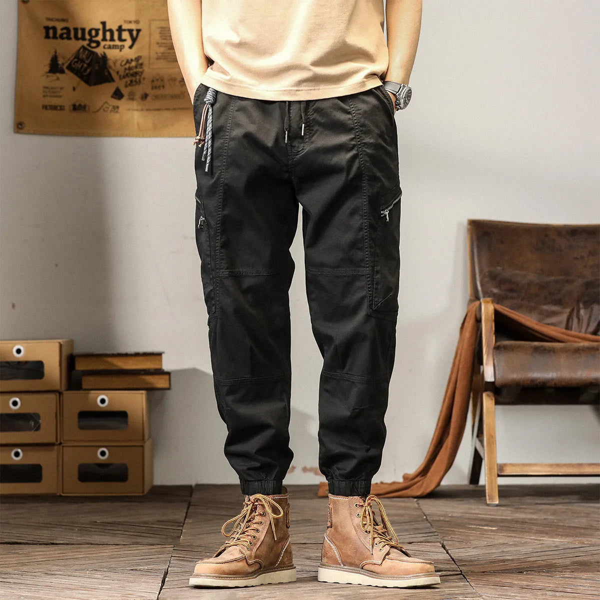 Men's loose fit khaki harem pants with ankle band and zip fly, made from non-ironing cotton fabric.
