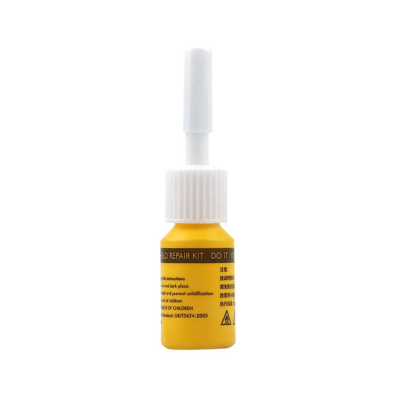 Yellow three-piece car windscreen repair agent tool set for stone chip and crack repair